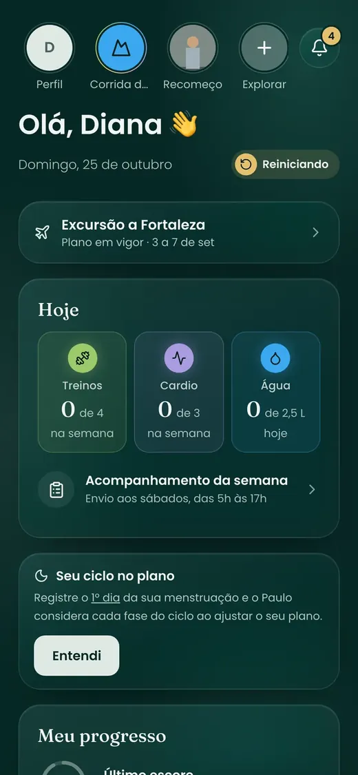 Tela inicial do Portal ARIA com treinos, cardio e água do dia