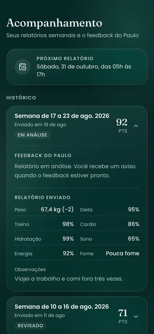 Tela de acompanhamento semanal com pontuação e feedback do nutricionista